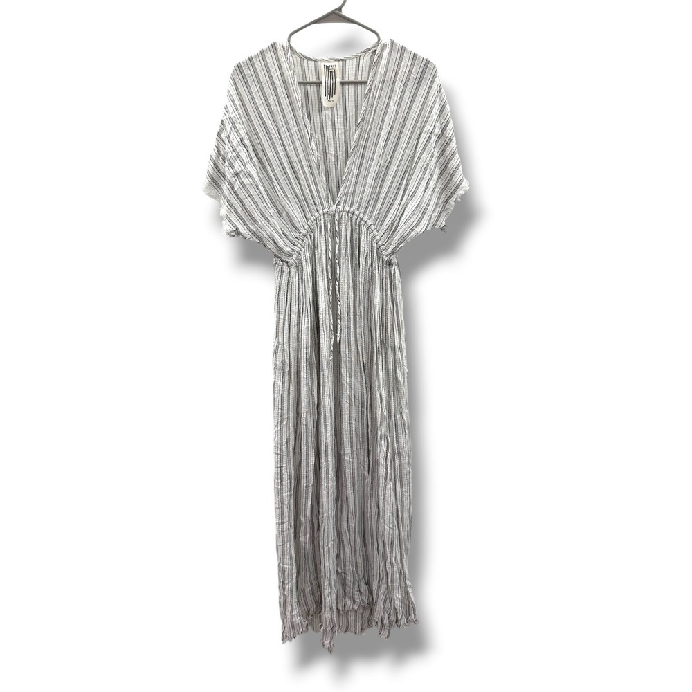 Free People Linen Blend Midi Dress Womens XS White Gray Stripe Frayed Hem Boho